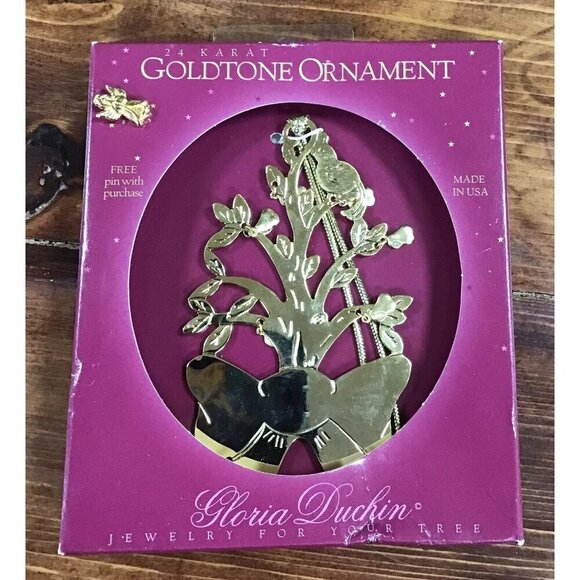 Gloria Duchin 24 Karat Gold Tone Ornament Bow with Tree - Picture 1 of 2
